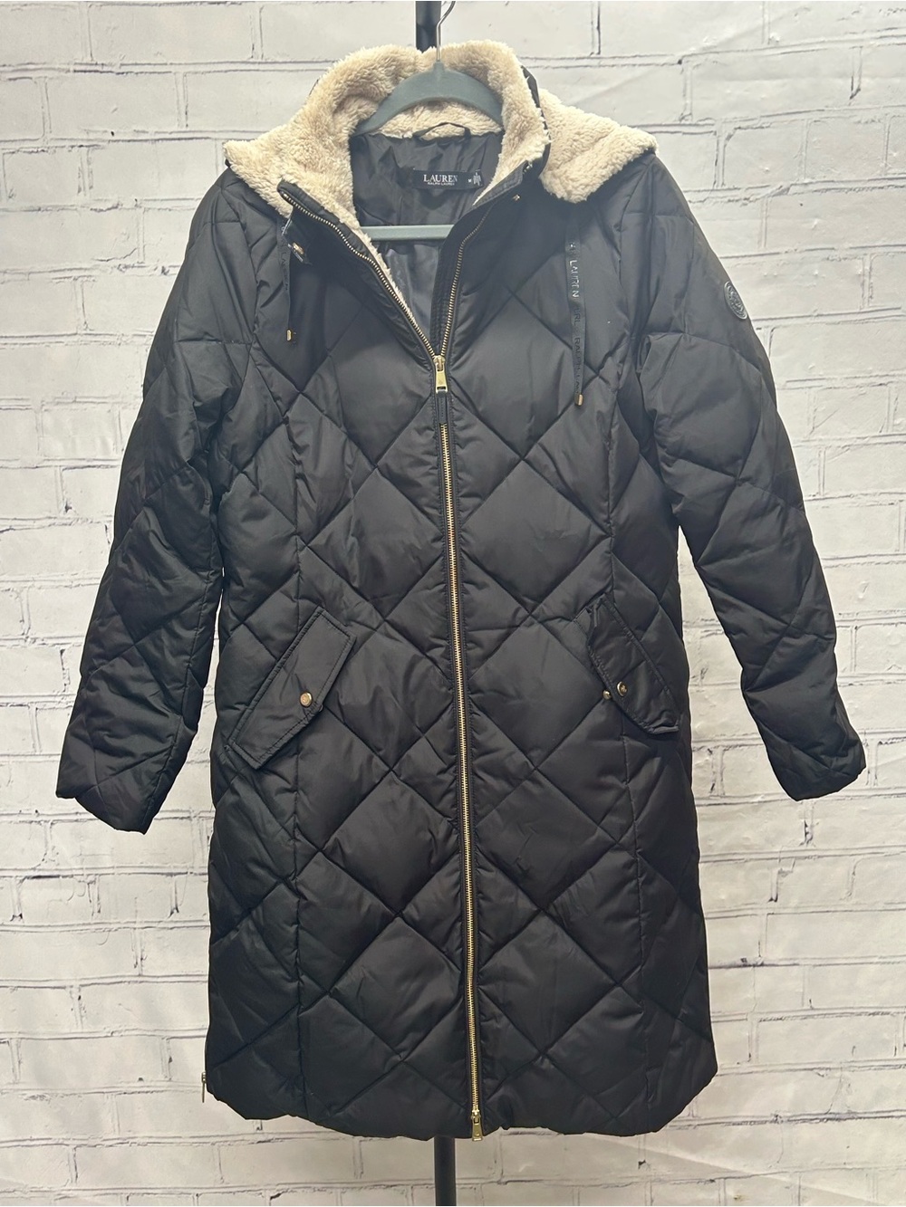 Ralph Lauren Black Quilted Long Puffer Coat with Faux Shearling Hood Trim